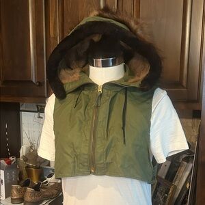 Unique Military Vest Hood Green Hooded Vest with Fur Trim Flight Winter